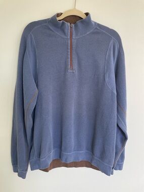 Tommy Bahama Men's Half-Zip Sweater in Slate Blue with Brown Trim